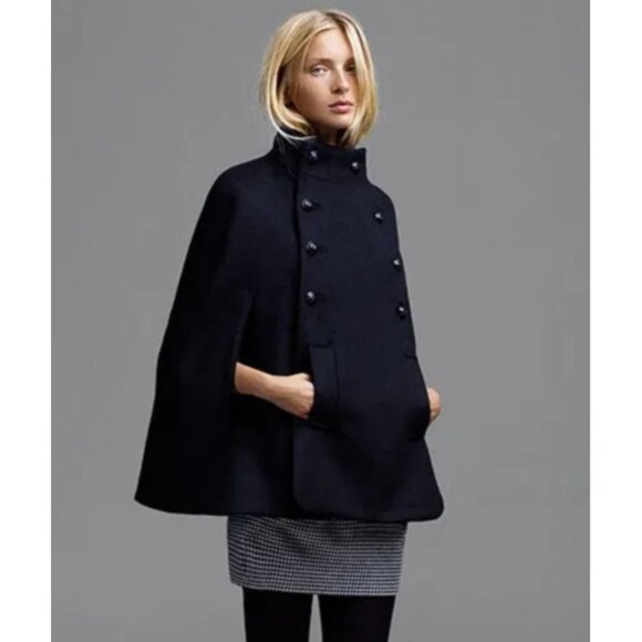 ZARA Style Black Wool Cape Coat – Double Breasted, High Collar, Elegant Fall Out - Picture 1 of 8
